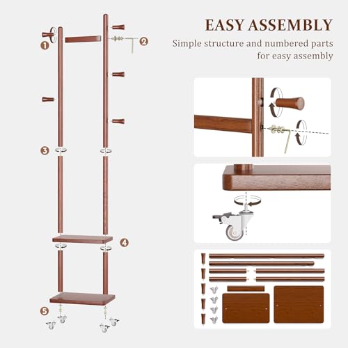 Freestanding Solid Wood Coat Rack with Wheels, 5 Hooks & 2 Storage Shelves