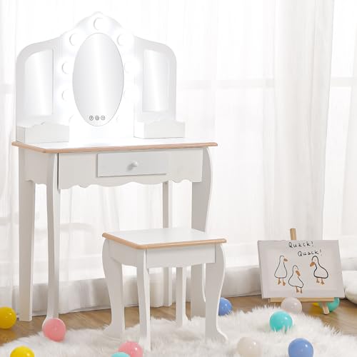 Kids Vanity Table Set with Tri-Fold Lighted Mirror and Stool, White