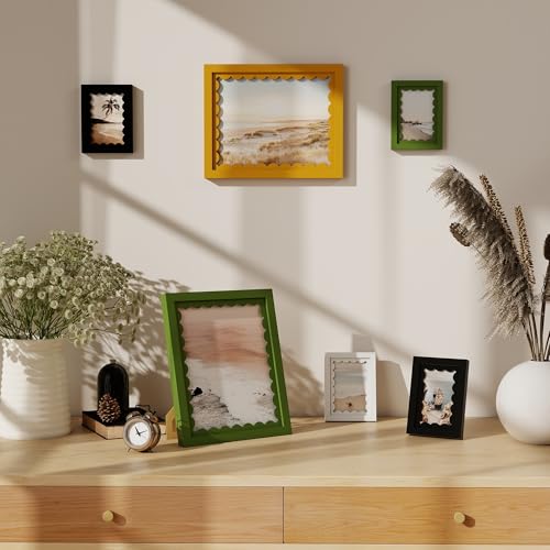8x10 Yellow Wooden Picture Frame with Wavy Mat & Real Glass for Wall & Tabletop