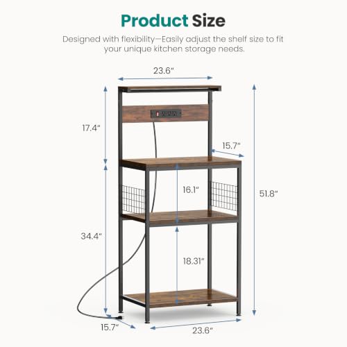 23.6-Inch Kitchen Bakers Rack with Power Outlet and 3 Adjustable Shelves