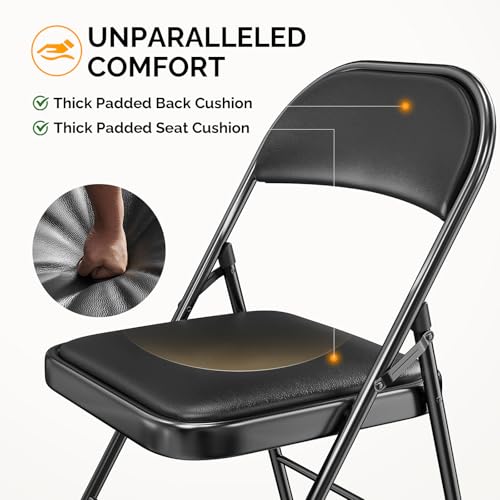 Padded Folding Chair with Steel Frame, Set of 4, Black PU Leather