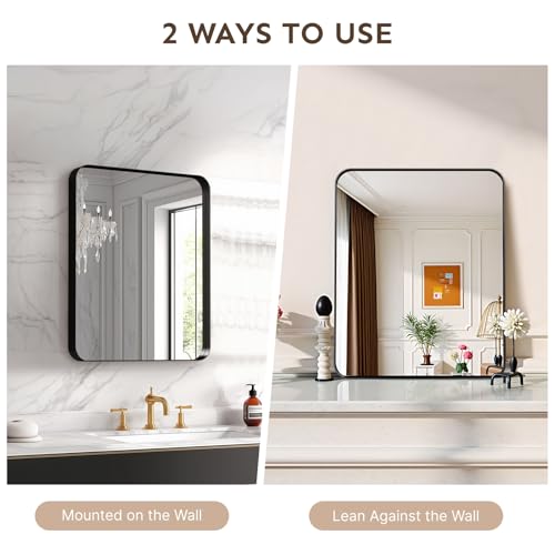 20x16 Inch Rectangular Wall Mirror, Matte Black Aluminum Framed Bathroom Mirror