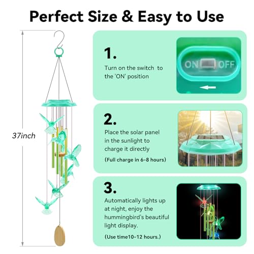 37-Inch Solar Hummingbird Wind Chimes with 7-Color Changing LED Light