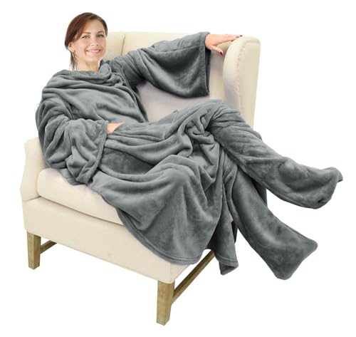 Wearable Blanket with Sleeves and Foot Pocket - Soft Fleece Throw Wrap