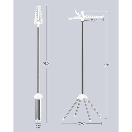 SONGMICS Clothes Drying Rack, 59-Inch Folding Laundry Drying Rack with 3 Rotatable Arms for Hangers, 4 Legs, Stainless Steel, for 27 Pieces of Clothes, White and Silver ULLR510W01