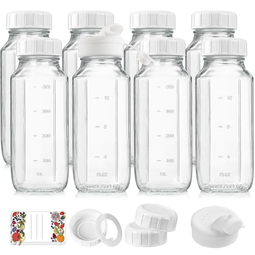16 oz Glass Bottles with Lids - 8 Pack Reusable Juice and Milk Containers