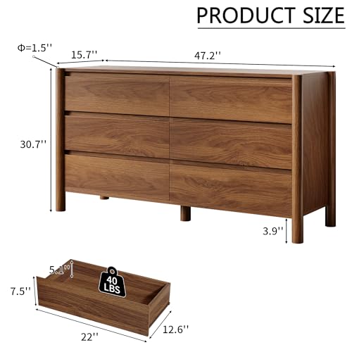 6-Drawer Mid-Century Modern Walnut Dresser, 47-Inch Wide Bedroom Chest