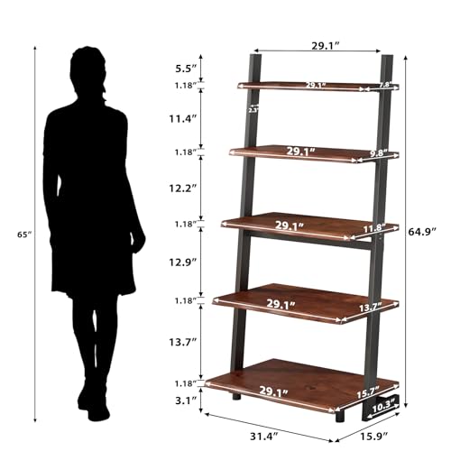 5-Tier Solid Wood Ladder Bookshelf, Rustic Walnut Leaning Storage Shelf