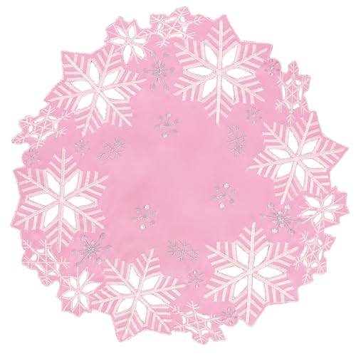 Simhomsen Pink Embroidered Snowflake Doily Placemats Set of 4 15 Inch Christmas Winter Decor