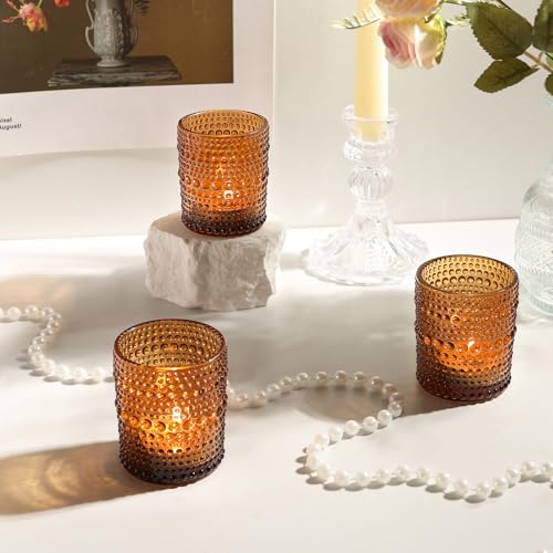 12 Pack Amber Glass Votive Candle Holders, Vintage Tealight Holders