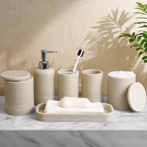 6-Piece Resin Bathroom Accessory Set, Stone Texture Organizer, Beige