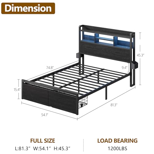 Full Size Metal Platform Bed Frame with LED Headboard, Charging Station & Drawers