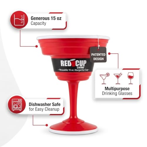 Red Cup Living Reusable 15 oz Plastic Margarita Glasses with Stem - Shatterproof Party Drinkware for Outdoor & Poolside, Variation 1