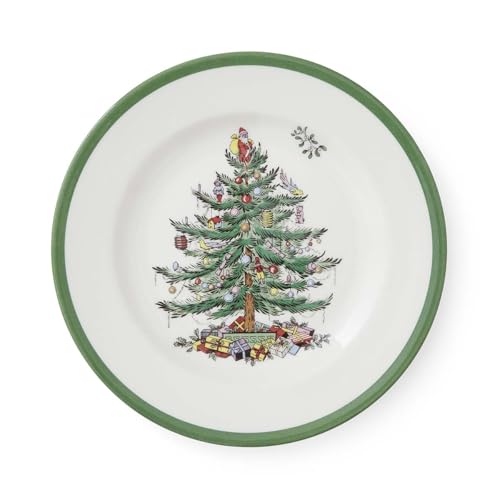 Spode Christmas Tree Salad Plates Set of 4 - 8 Inch Green & White Holiday Dinnerware