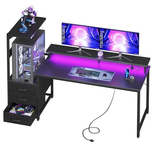 59-Inch Gaming Desk with PC Showcase Stand, RGB LED and 3 Storage Drawers