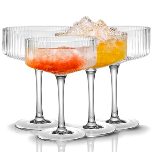 4-Piece Ribbed Coupe Glass Set, 10 oz Vintage Crystal Cocktail Glassware