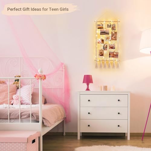 Macrame Wall Hanging Photo Display with LED String Lights & 30 Clips