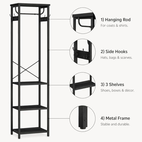 Industrial Freestanding Coat Rack with Hanging Rod and 3 Wooden Shelves