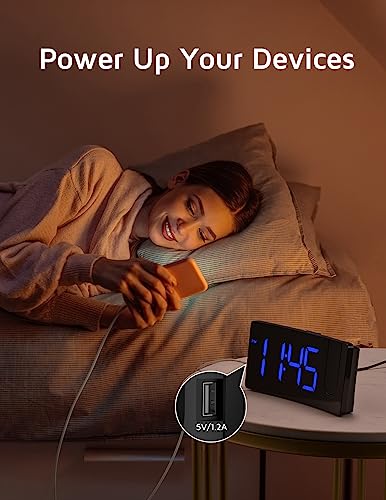 Digital Projection Alarm Clock with Curved Blue LED Display & USB Charger