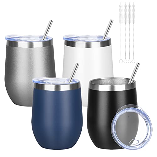 12oz Stainless Steel Wine Tumblers - Insulated Stemless Travel Cups, 4 Pack