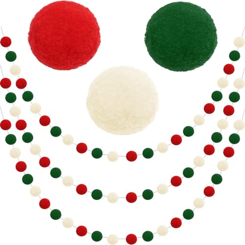 Christmas Pom Pom Garland 3-Pack - Red Green White Felt Ball Holiday Decor