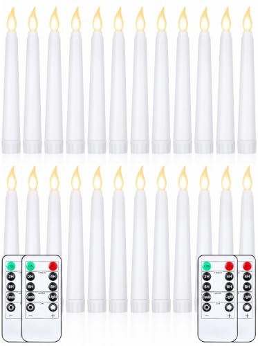 Funtery 24-Piece 6" Flameless LED Taper Candles with Remote & Timer, White, Tapered Style
