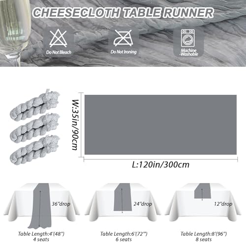 3PCS Silver Gray Spring Cheesecloth Table Runner Boho Rustic 10FT for Wedding Party Home Decor