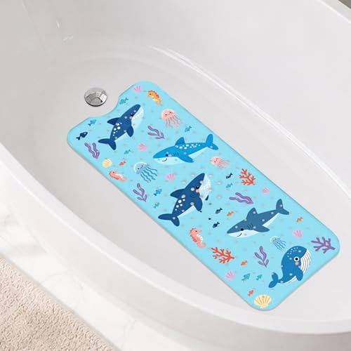 Shark Bath Mat for Tub, Extra Long Non-Slip Shower Mat with Suction Cups