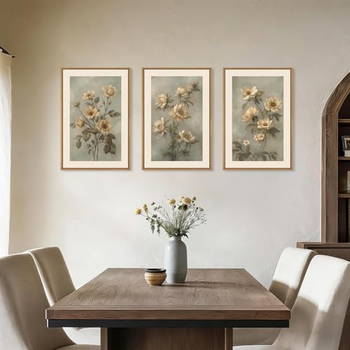 Vintage Botanical Flower Framed Canvas Wall Art, 3-Piece Floral Triptych