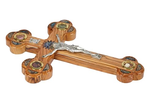 11 Inch Olive Wood Cross Wall Hanging from Bethlehem with Mother of Pearl & Jerusalem Stones - Christian Religious Decor Gift for Easter & Christmas
