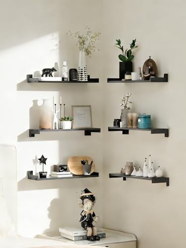 Set of 6 Corner Floating Shelves, Wall Mounted Rustic Wood Storage Shelves