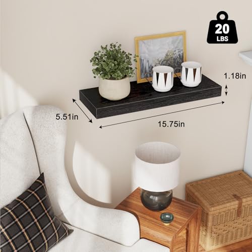 Black Floating Wall Shelves - Set of 2, 15.7 Inch Wood Storage Display Shelves