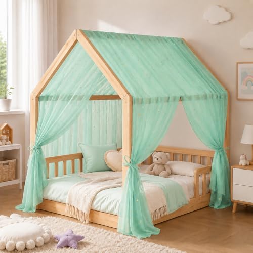 Green Star and Moon Bed Canopy Tulle Curtain for Girls Room, 60x158 Inch