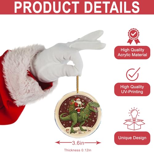 Santa Ride Dinosaur 4 Acrylic Christmas Ornament – Funny Gag Gift 3.6 in