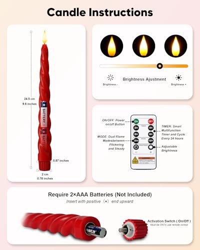 Meigic Red Spiral Flameless Taper Candles 9.6 Inch with Remote & Timer, Child & Pet Safe, 6 Pcs - Tapered Red Variant