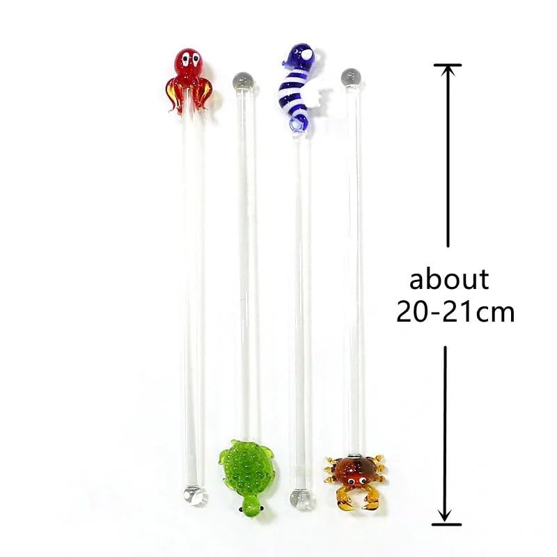 LiuliuBull Multicolor Glass Cocktail Swizzle Sticks 4pcs - Ocean Sea Creatures Decor