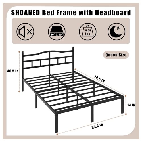 Queen Size 14-Inch Metal Platform Bed Frame with Headboard, Heavy Duty