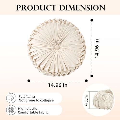 Pleated Round Velvet Throw Pillow, 15-Inch Decorative Boho Cushion for Sofa