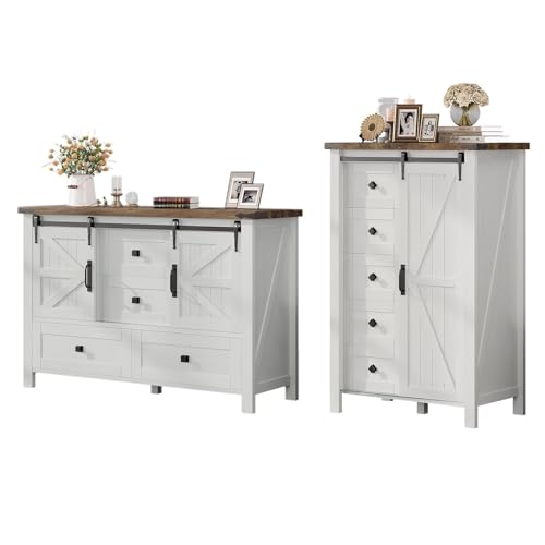 2-Piece Farmhouse Dresser Set with Sliding Barn Doors, Distressed White