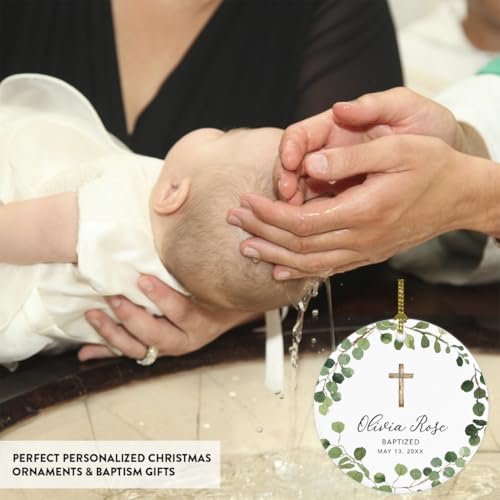 Personalized Baptism Ornament 2026, Round Ceramic Eucalyptus Wreath Keepsake