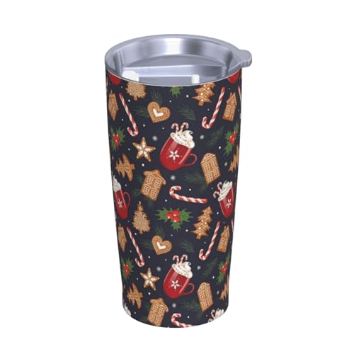 YIKISSKID Red Brown Christmas 20oz Insulated Tumbler with Lid & Straw - Candy Cane & Snowflake Design