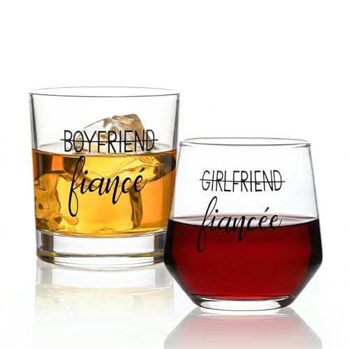 DeeCoo Engagement Gift Set for Couples Whiskey & Wine Glasses - Fiancee & His & Hers Celebration Gift