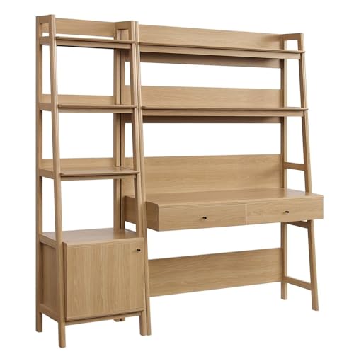 2-Piece Mid-Century Modern Home Office Desk and Bookshelf Set in Oak