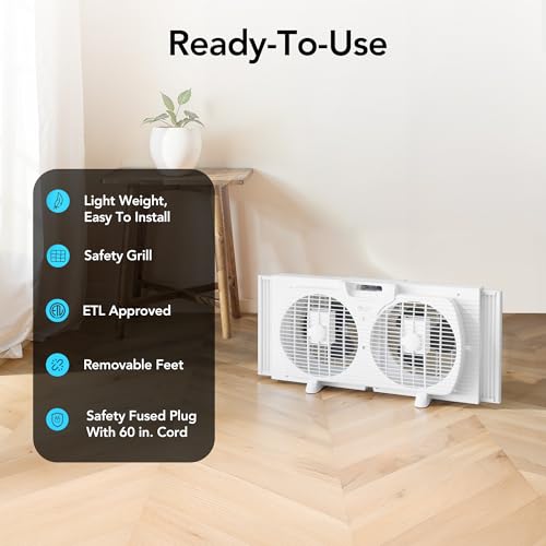 Comfort Zone 9-Inch 3-Speed Reversible Twin Window Fan with Bug Screen