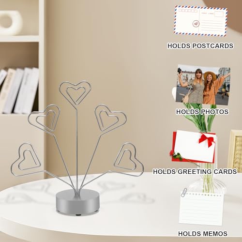 Heart-Shaped Photo Tree Holder with 5 Branches, Silver Desktop Display Stand