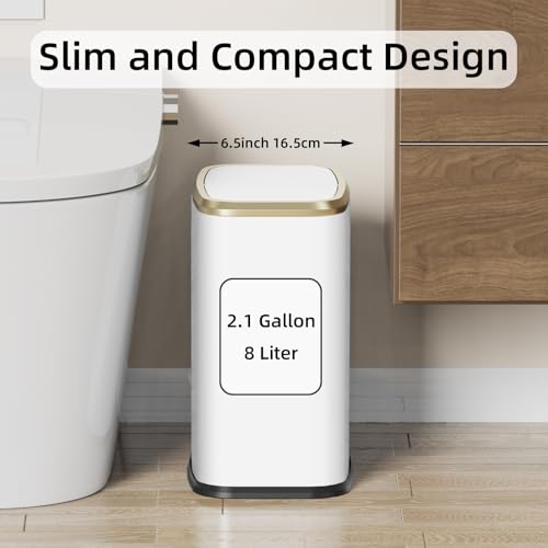 8L Small Bathroom Trash Can with Swing-Top Lid, White Stainless Steel