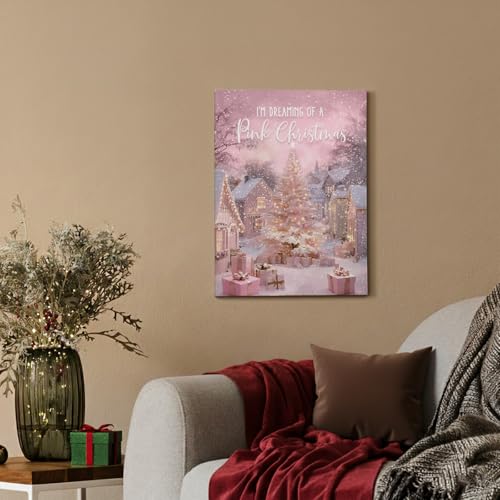 Voxitura Pink Snow Christmas Tree Wall Art Canvas 12x15in Holiday Decor