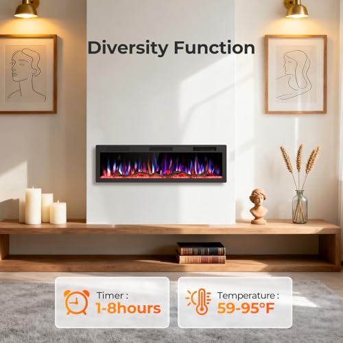 60-Inch Recessed and Wall-Mounted Smart Electric Fireplace with App and Voice Control