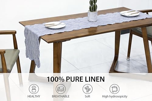 AORISSI 14x48 Linen Table Runner with Scalloped Embroidery, Blue Stripe Edges