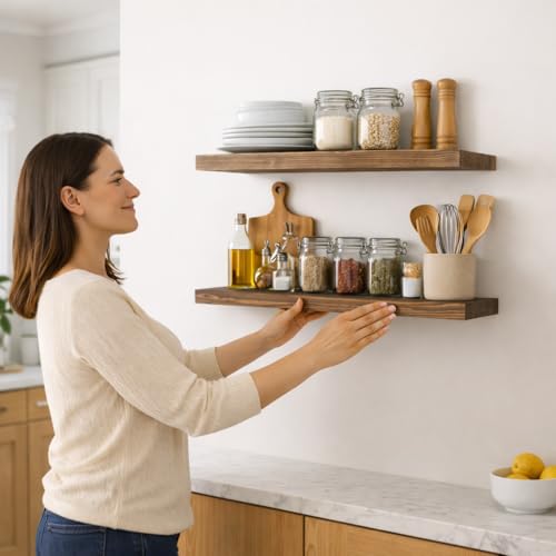 24-inch Solid Wood Floating Shelves - Set of 2 Rustic Wall Mount Shelves